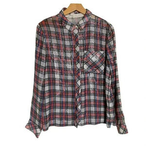 Endless Rose S‎ sequined red white plaid button down shirt